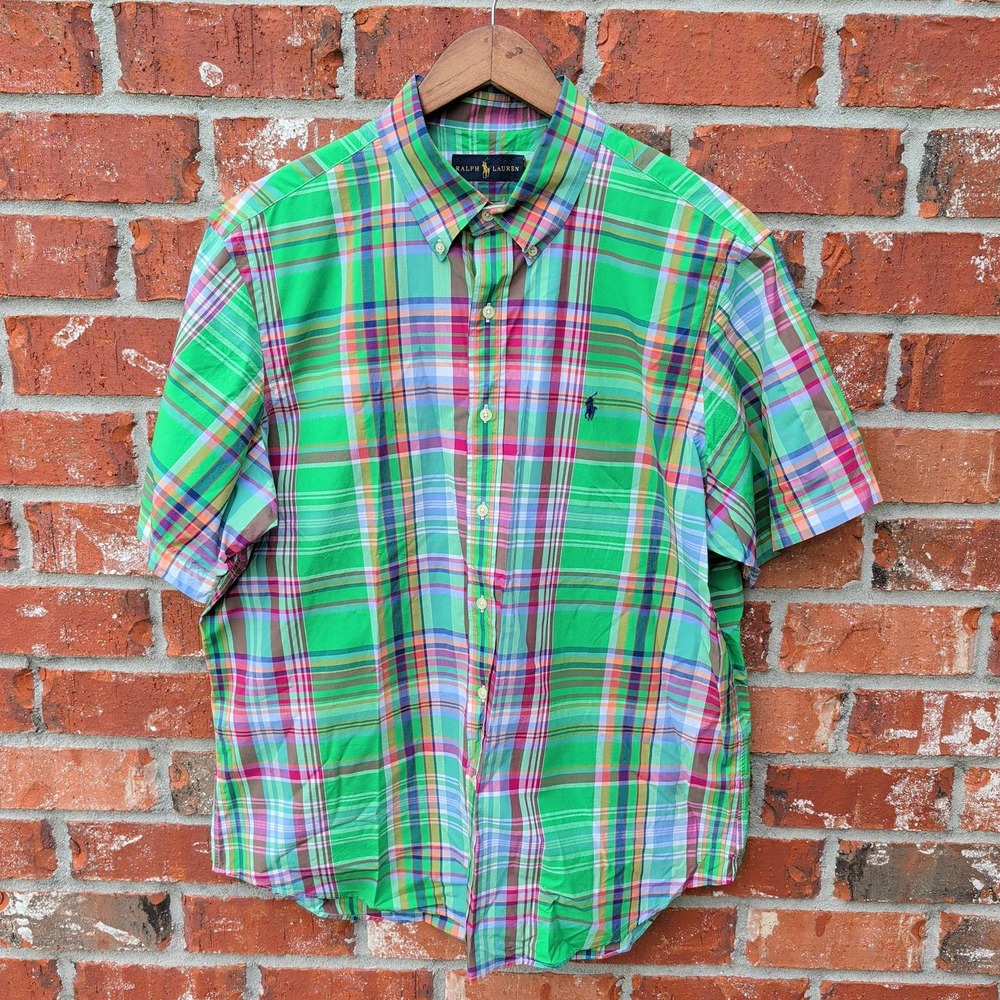 Ralph Lauren Button Down Shirt Mens L Green Plaid Short Sleeve Madras Pony Logo